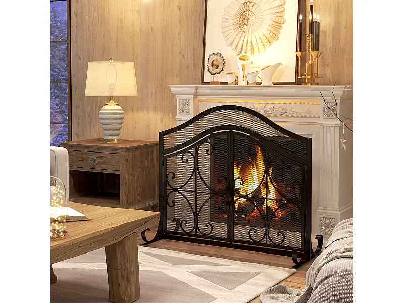 Pare-feu cheminée poêle style fer forgé - pare-étincelles 2 portes - dim. 105L x 40l x 80H cm - acier métal noir
