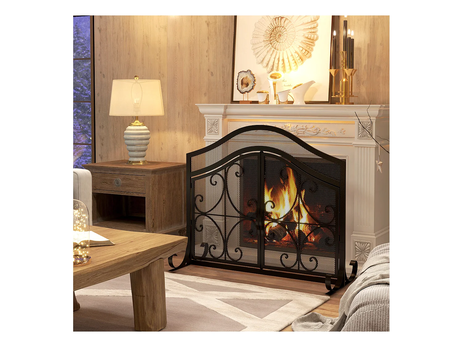 Pare-feu cheminée poêle style fer forgé - pare-étincelles 2 portes - dim. 105L x 40l x 80H cm - acier métal noir
