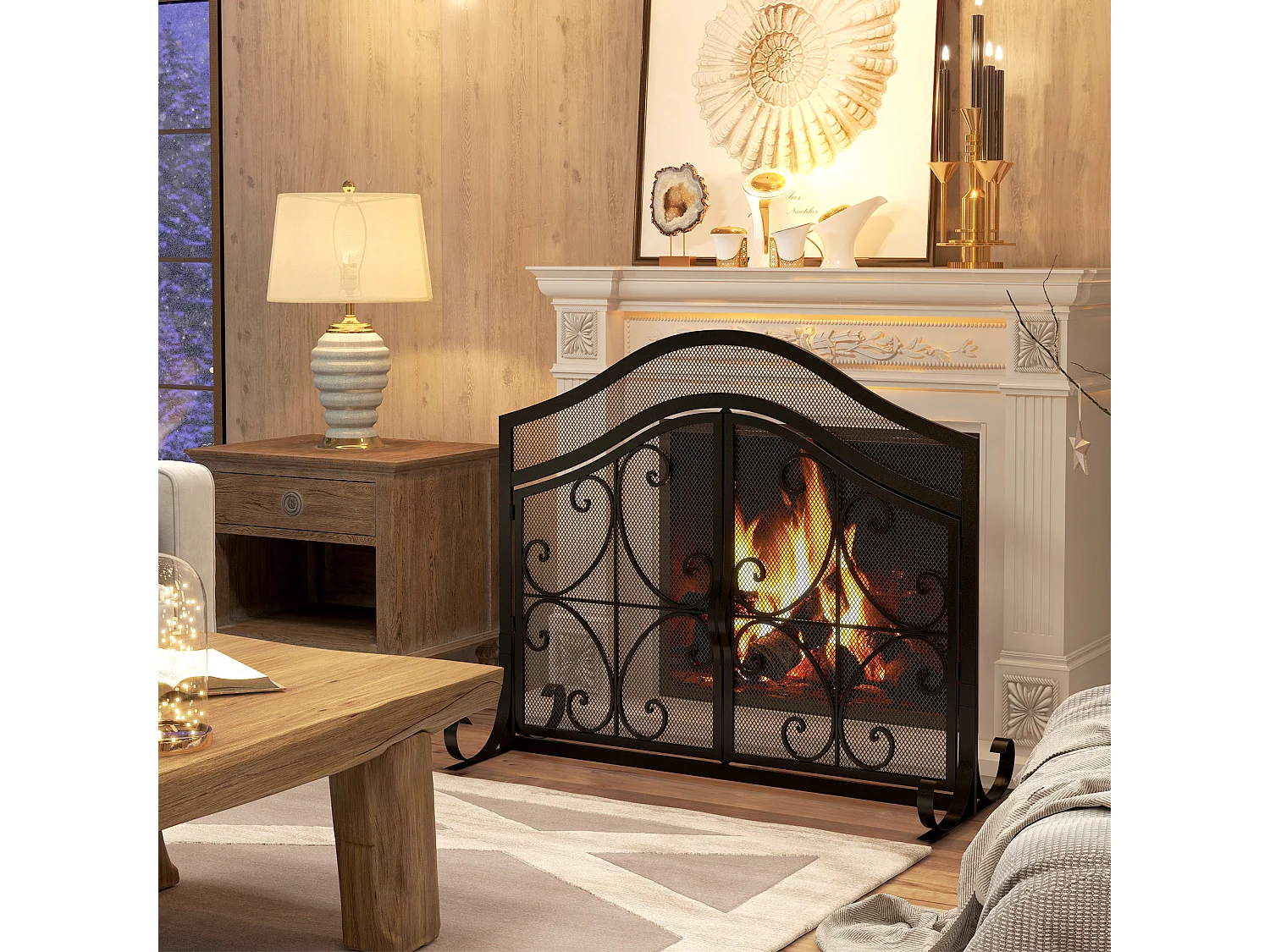 Pare-feu cheminée poêle style fer forgé - pare-étincelles 2 portes - dim. 105L x 40l x 80H cm - acier métal noir