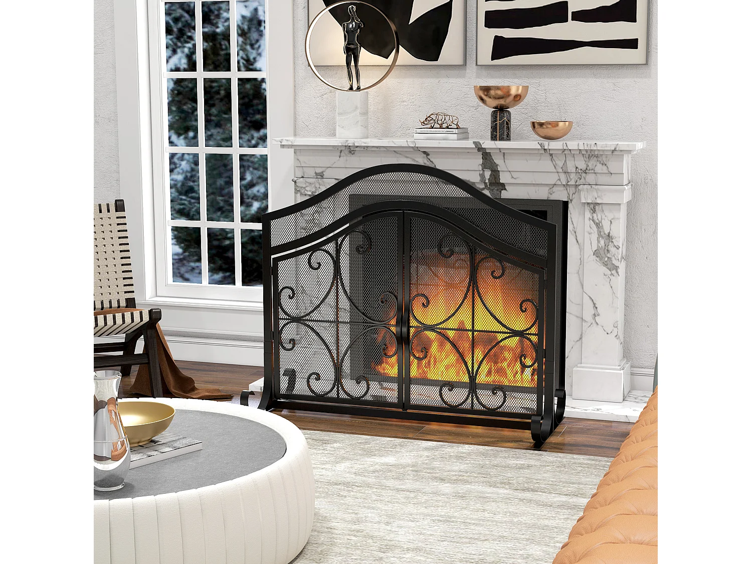 Pare-feu cheminée poêle style fer forgé - pare-étincelles 2 portes - dim. 105L x 40l x 80H cm - acier métal noir