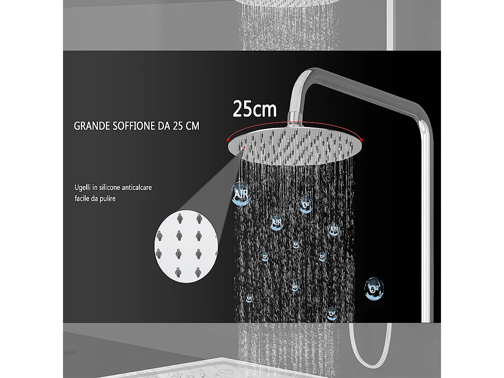 Colonna doccia idromassaggio con rubinetto termostatico, soffione doccia rotondo 25x25cm in acciaio inox, cromato lucido