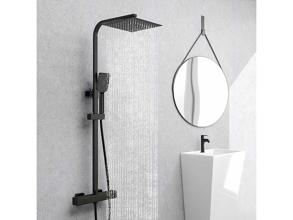 Colonna doccia idromassaggio con rubinetto termostatico 290x45mm, soffione doccia quadrato 25x25cm in acciaio inox, nero opaco