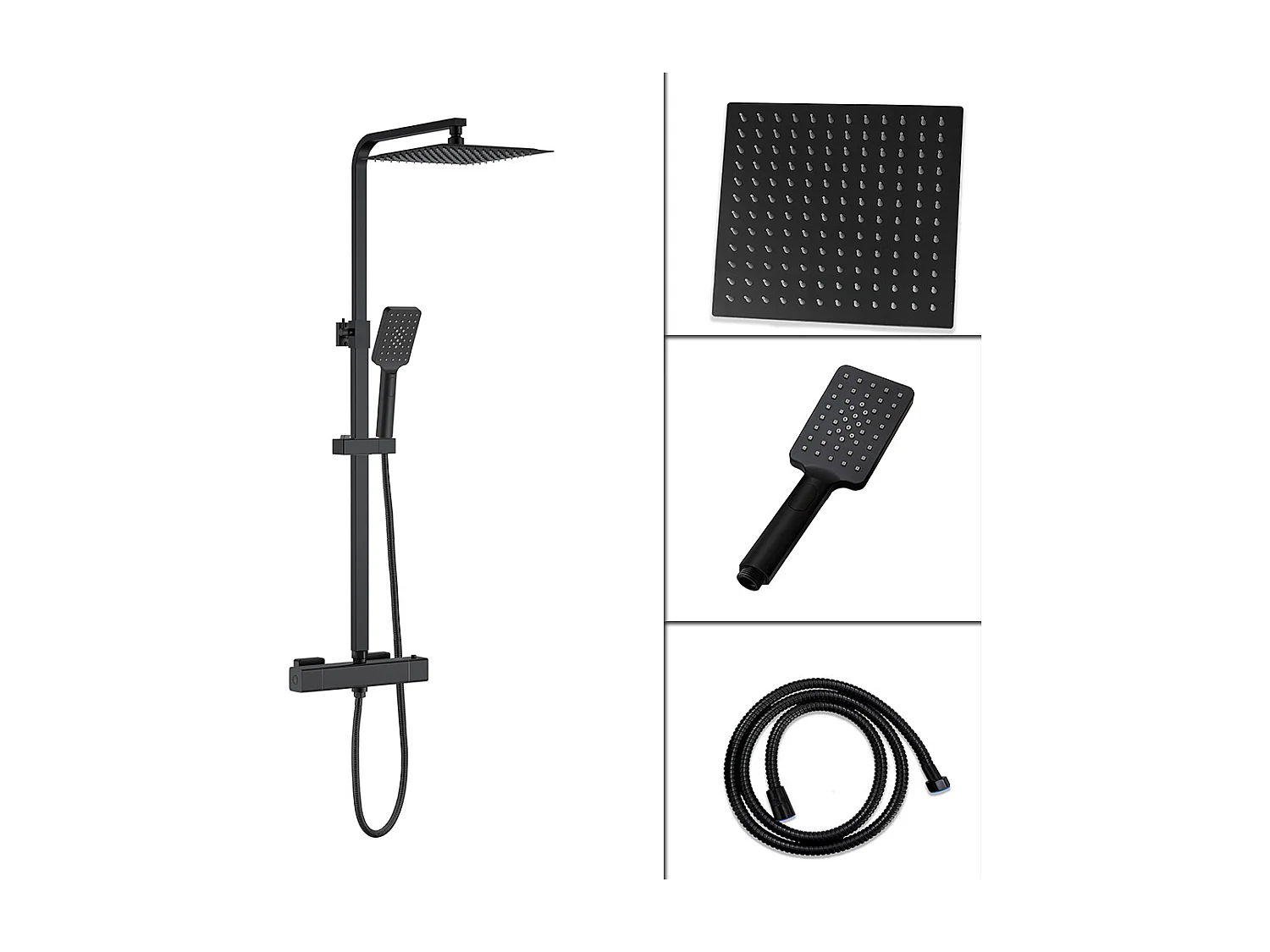 Colonna doccia idromassaggio con rubinetto termostatico 290x45mm, soffione doccia quadrato 25x25cm in acciaio inox, nero opaco