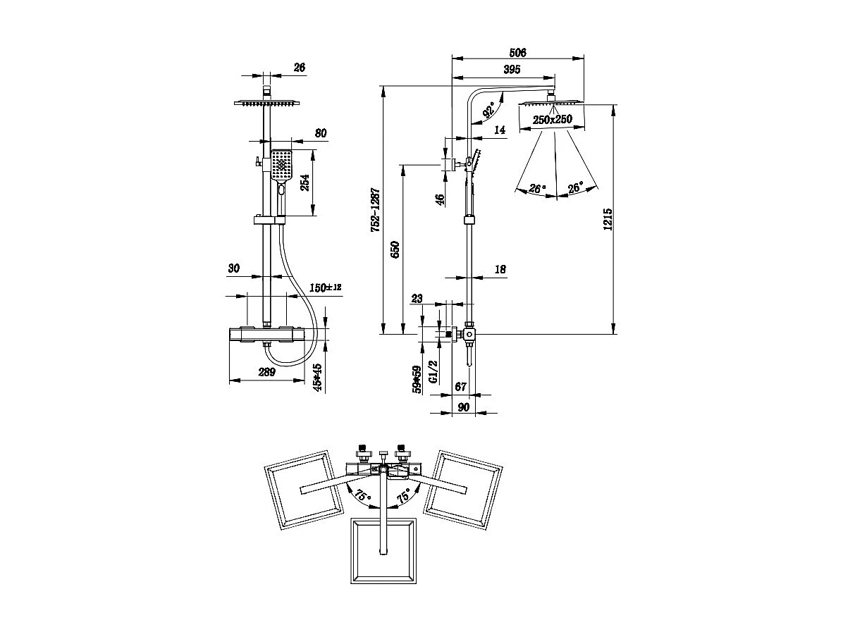 Colonna doccia idromassaggio con rubinetto termostatico 290x45mm, soffione doccia quadrato 25x25cm in acciaio inox, nero opaco