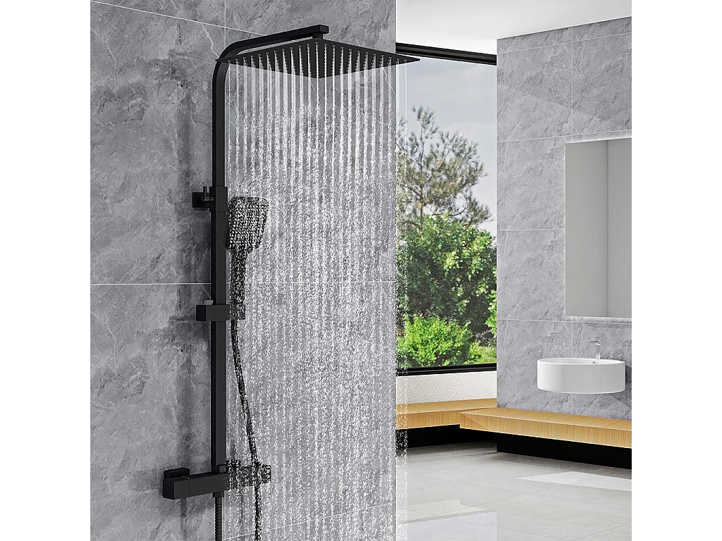 Colonna doccia idromassaggio con rubinetto termostatico 280x40mm, soffione doccia quadrato 30x30cm in acciaio inox, nero opaco
