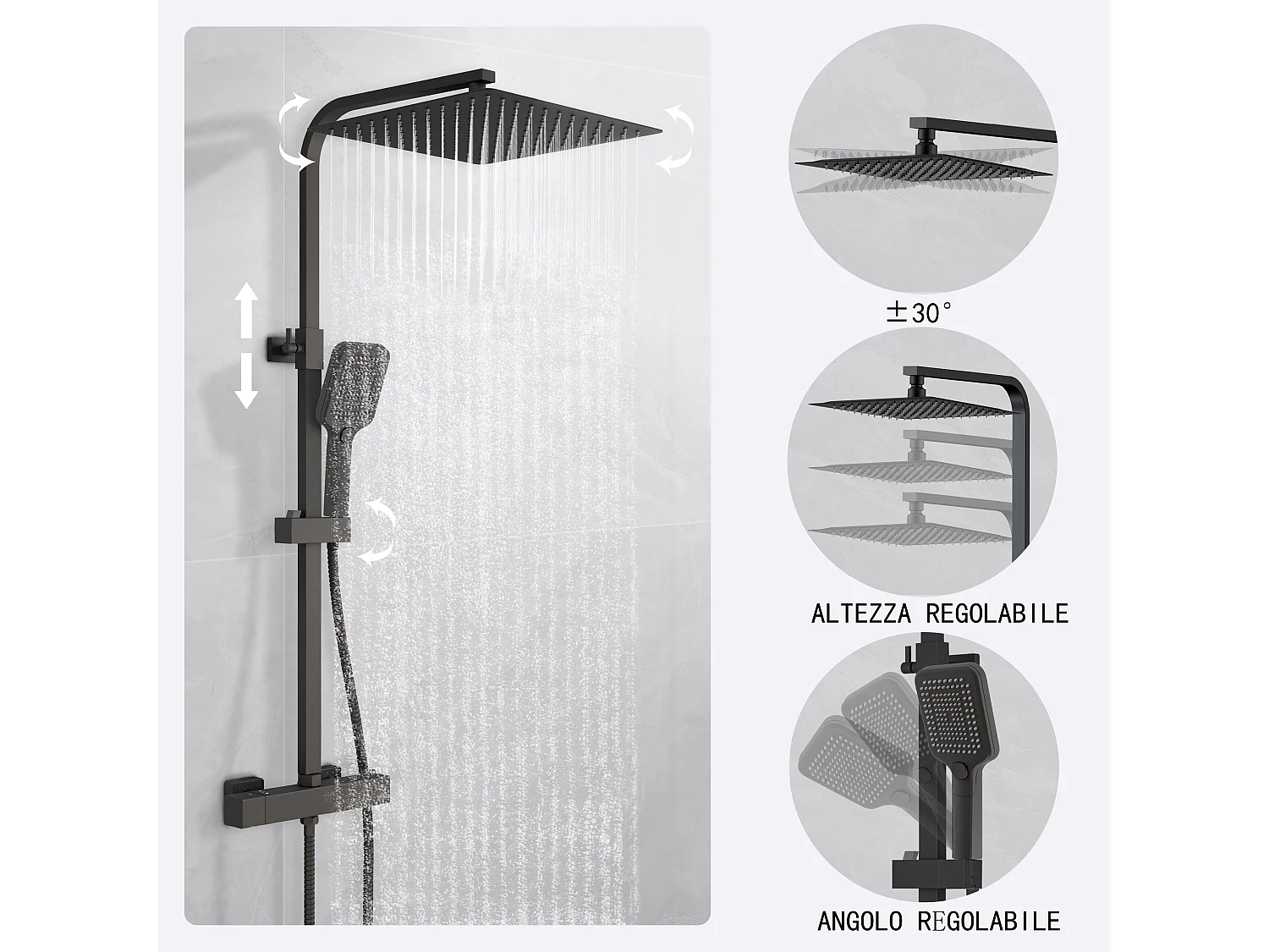 Colonna doccia idromassaggio con rubinetto termostatico 280x40mm, soffione doccia quadrato 30x30cm in acciaio inox, nero opaco