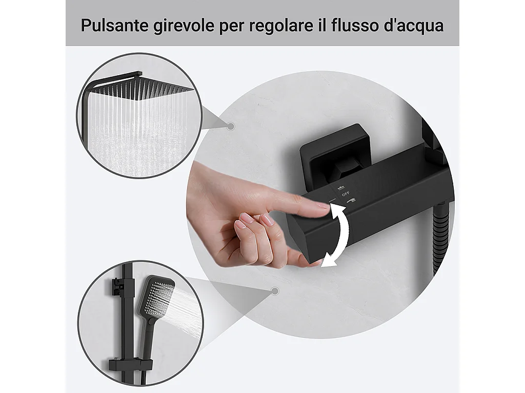 Colonna doccia idromassaggio con rubinetto termostatico 280x40mm, soffione doccia quadrato 30x30cm in acciaio inox, nero opaco