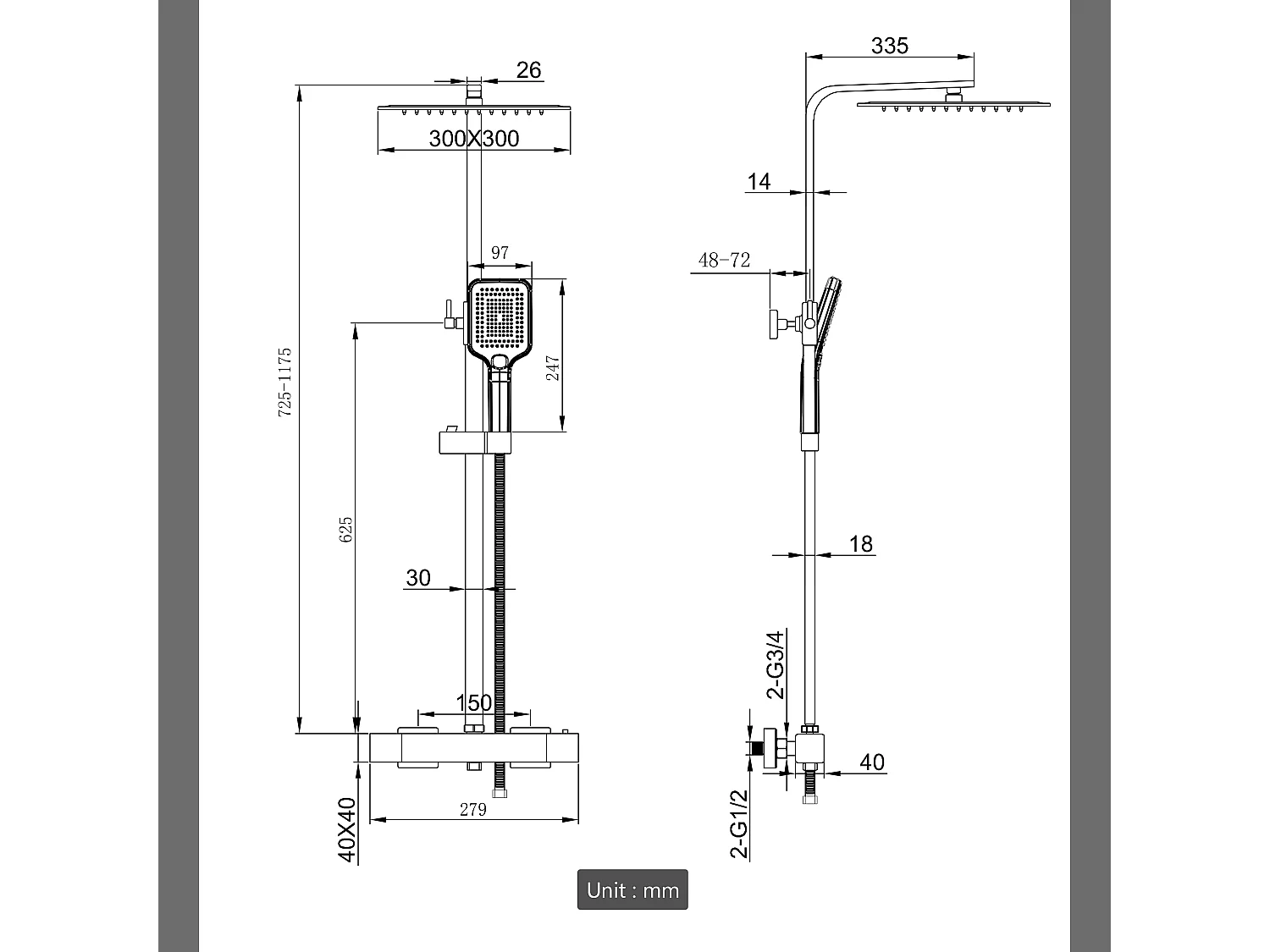 Colonna doccia idromassaggio con rubinetto termostatico 280x40mm, soffione doccia quadrato 30x30cm in acciaio inox, nero opaco