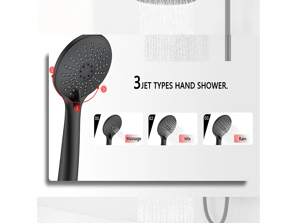 Colonna doccia idromassaggio con rubinetto termostatico, soffione doccia rotondo 25x25cm in acciaio inox, nero opaco