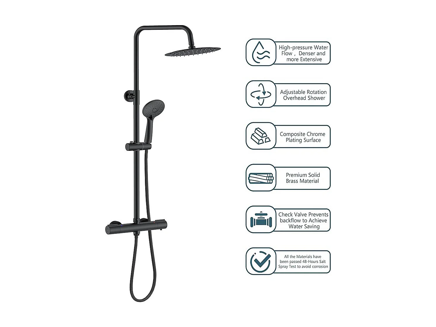 Colonna doccia idromassaggio con rubinetto termostatico, soffione doccia rotondo 25x25cm in acciaio inox, nero opaco