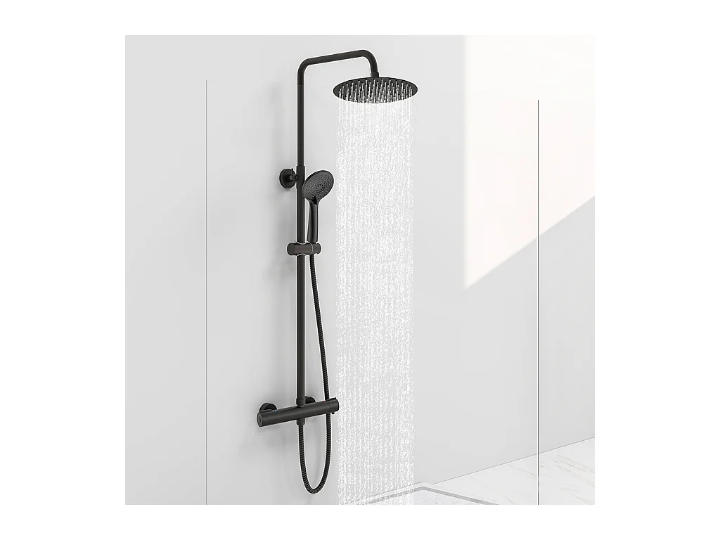 Colonna doccia idromassaggio con rubinetto termostatico, soffione doccia rotondo 25x25cm in acciaio inox, nero opaco