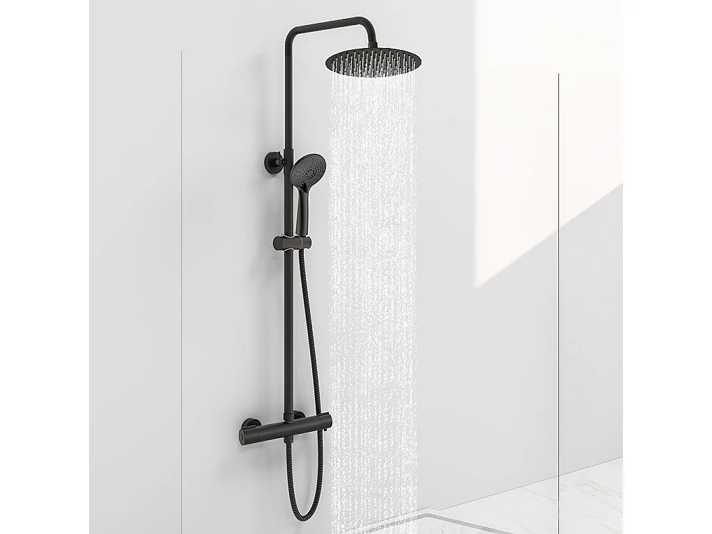 Colonna doccia idromassaggio con rubinetto termostatico, soffione doccia rotondo 25x25cm in acciaio inox, nero opaco