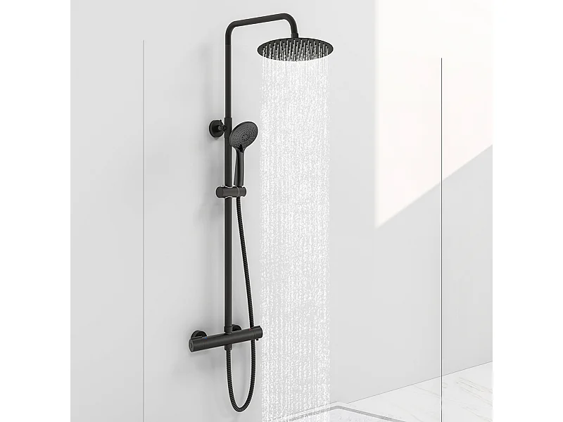 Colonna doccia idromassaggio con rubinetto termostatico, soffione doccia rotondo 25x25cm in acciaio inox, nero opaco
