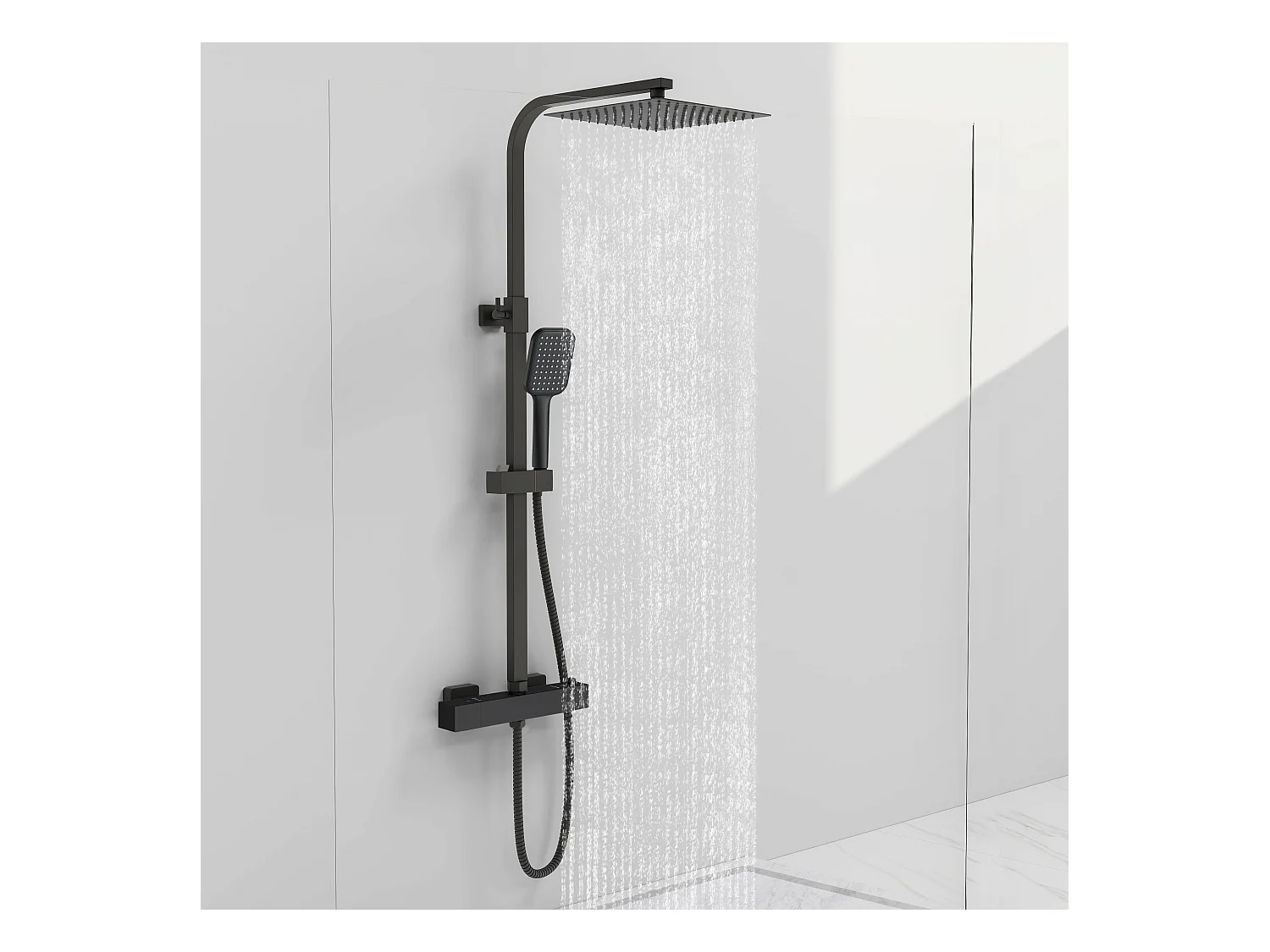 Colonna doccia idromassaggio con rubinetto termostatico, soffione doccia quadrato 25x25cm in acciaio inox, nero opaco