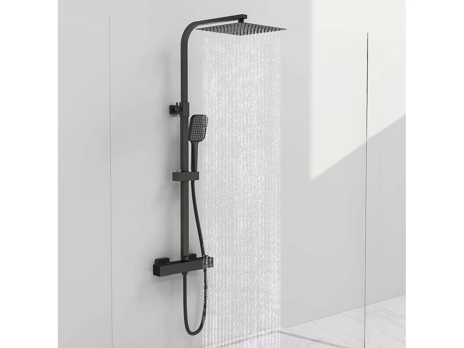 Colonna doccia idromassaggio con rubinetto termostatico, soffione doccia quadrato 25x25cm in acciaio inox, nero opaco