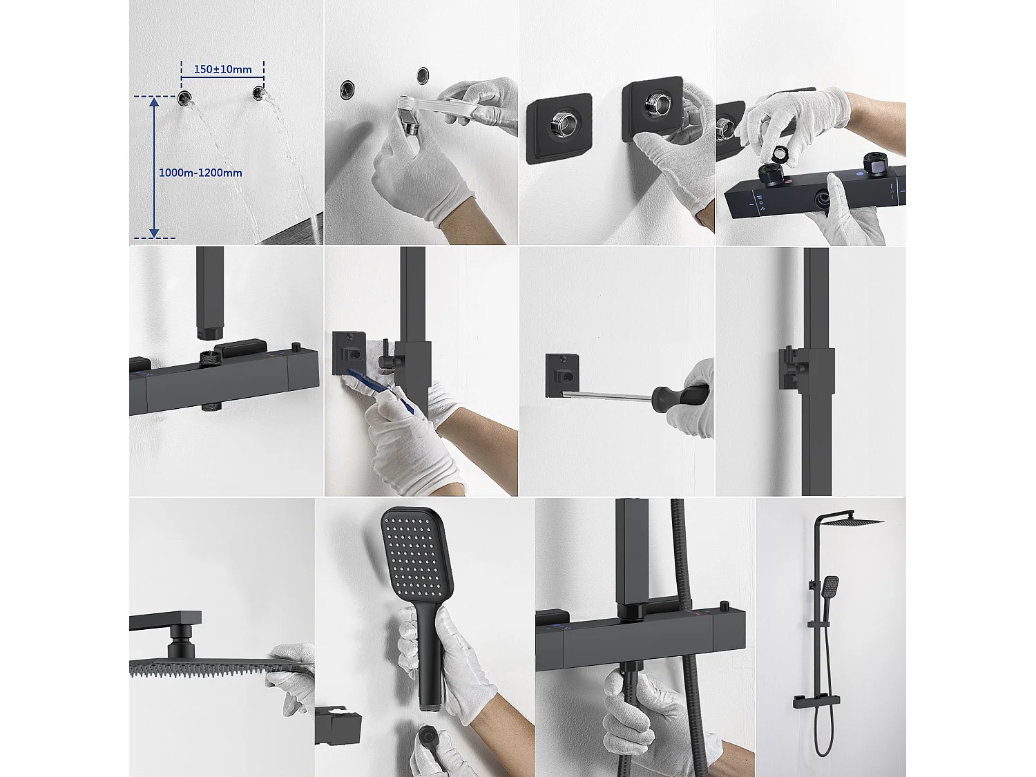 Colonna doccia idromassaggio con rubinetto termostatico, soffione doccia quadrato 25x25cm in acciaio inox, nero opaco