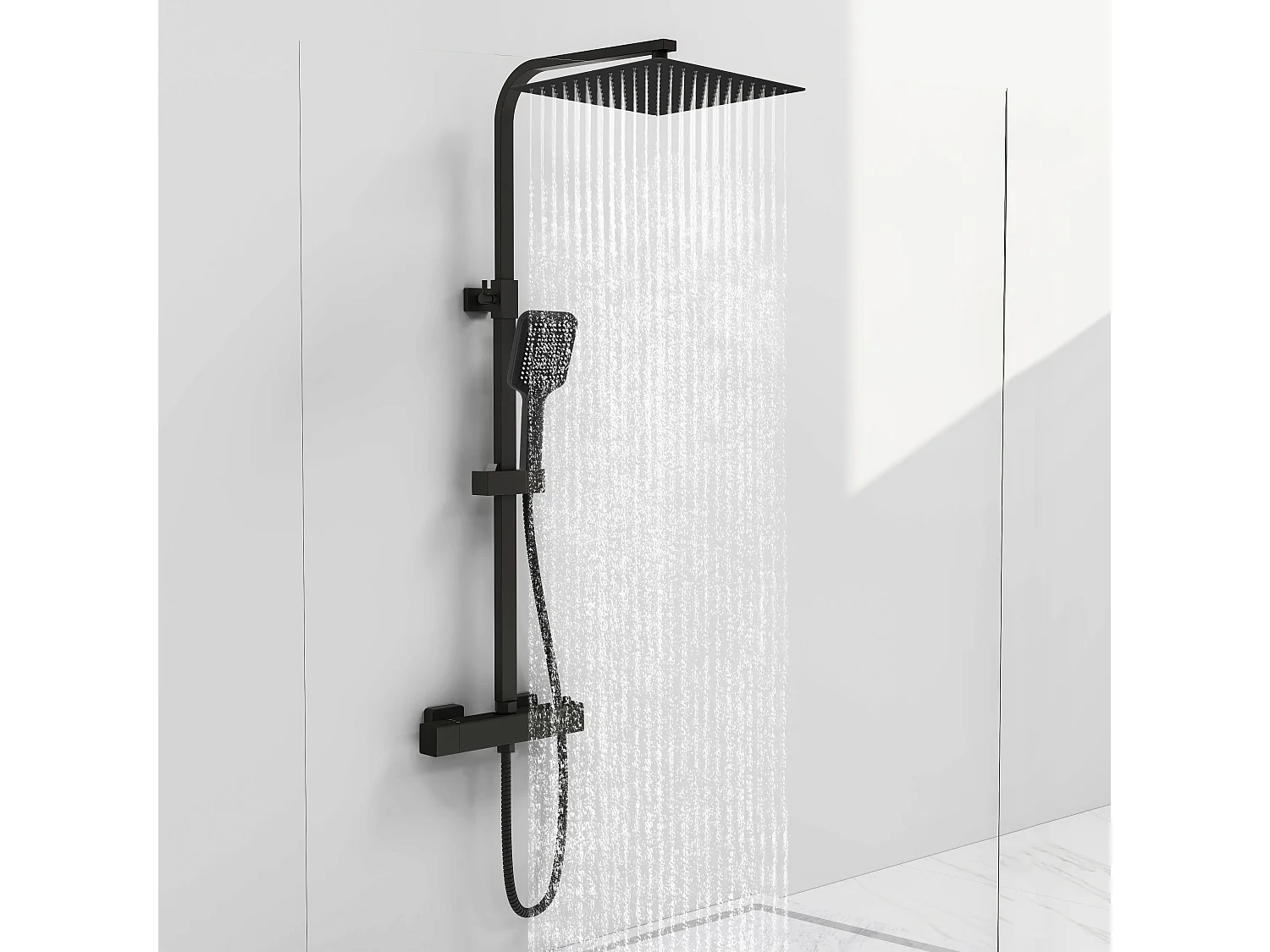 Colonna doccia idromassaggio con rubinetto termostatico, soffione doccia quadrato 30x30cm in acciaio inox, nero opaco