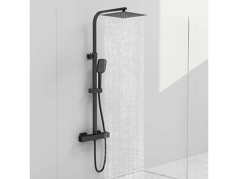Colonna doccia idromassaggio con rubinetto termostatico, soffione doccia quadrato 25x25cm in acciaio inox, nero opaco