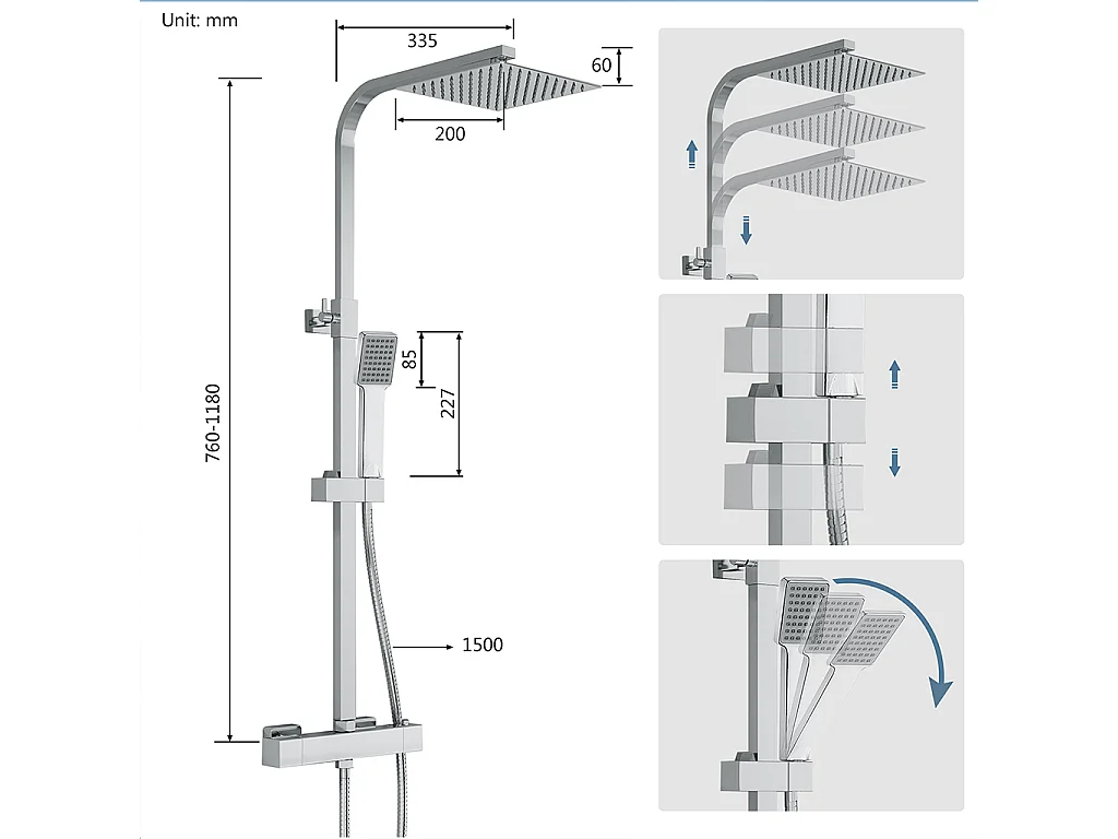 Colonna doccia idromassaggio con rubinetto termostatico, soffione doccia quadrato 25x25cm in acciaio inox, cromato lucido