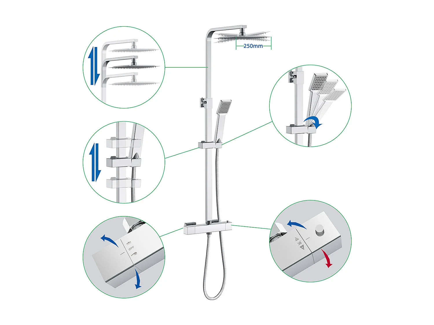 Colonna doccia idromassaggio con rubinetto termostatico, soffione doccia quadrato 25x25cm in acciaio inox, cromato lucido