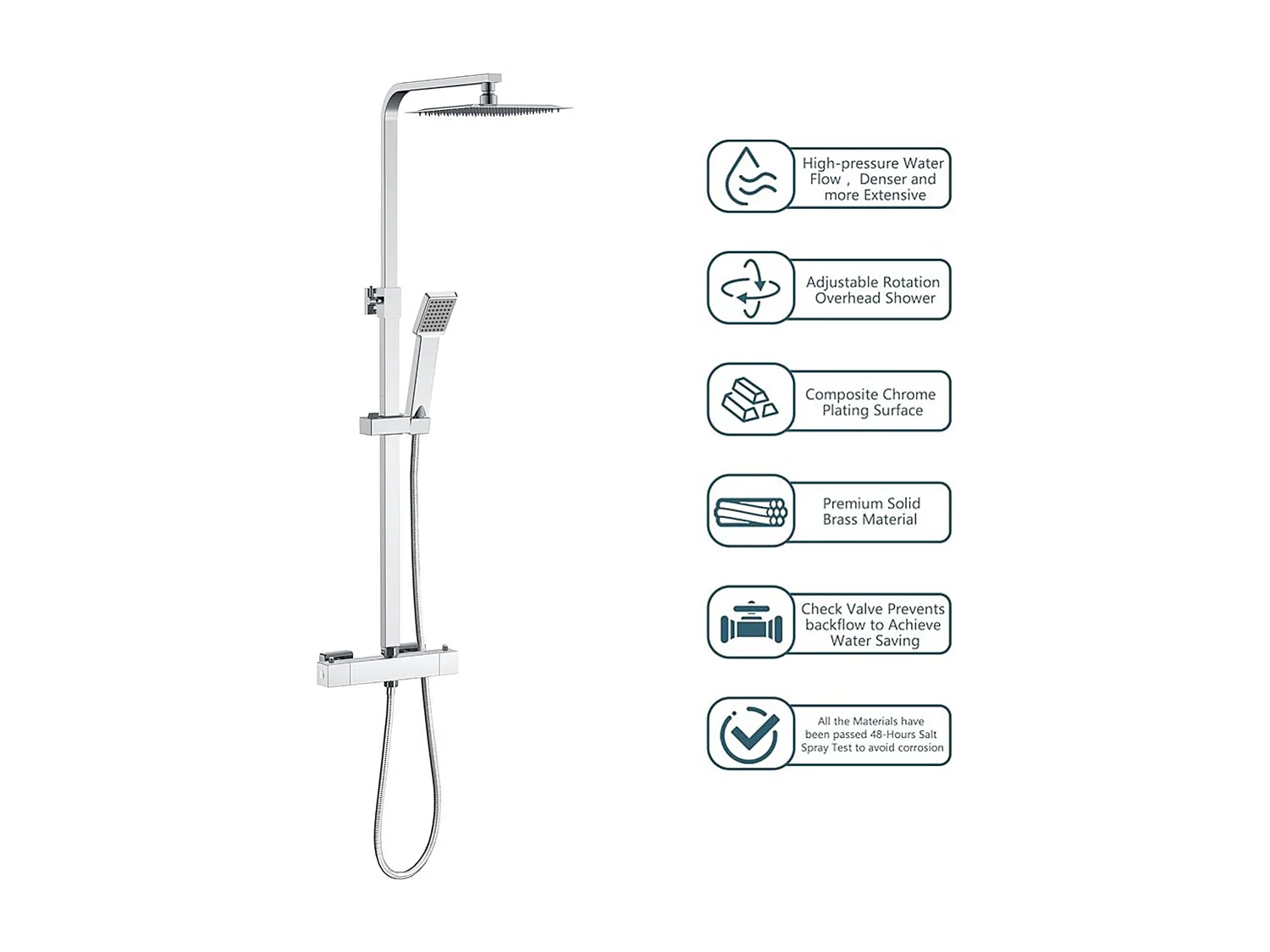 Colonna doccia idromassaggio con rubinetto termostatico, soffione doccia quadrato 20x20cm in acciaio inox, cromato lucido