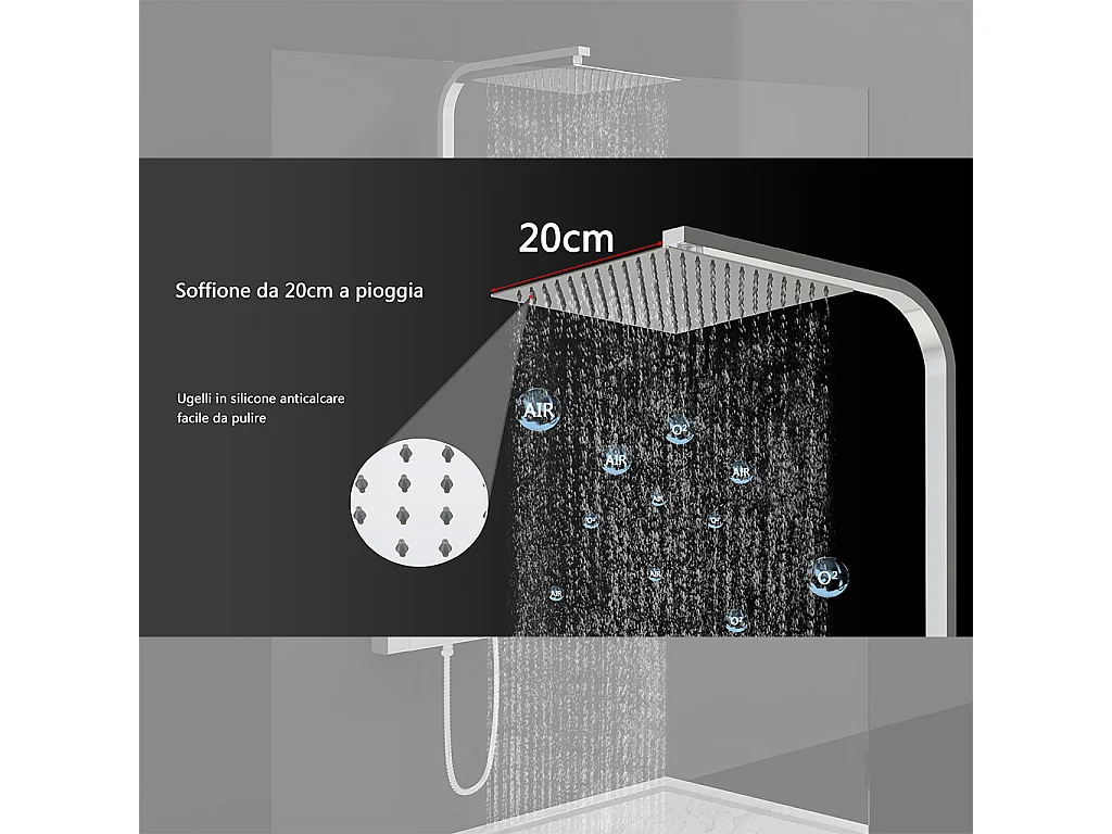 Colonna doccia idromassaggio con rubinetto termostatico, soffione doccia quadrato 20x20cm in acciaio inox, cromato lucido