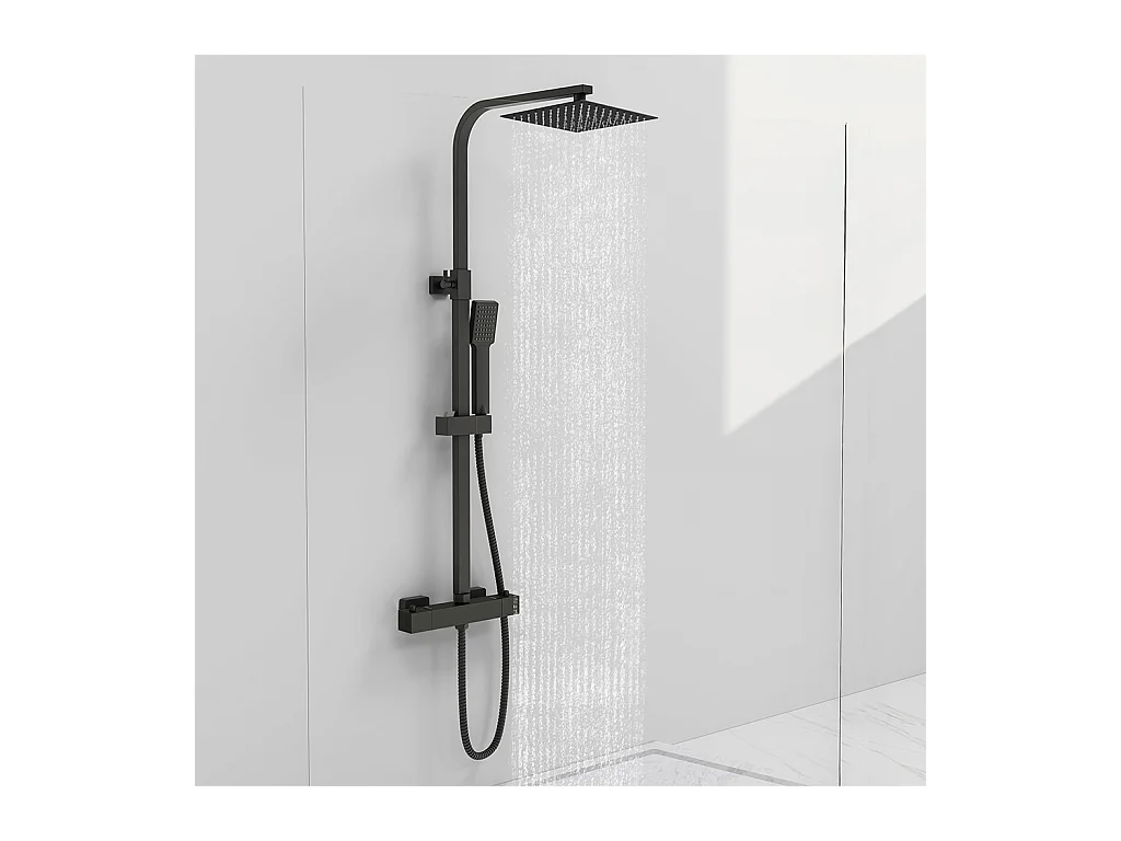 Colonna doccia idromassaggio con rubinetto termostatico, soffione doccia quadrato 20x20cm in acciaio inox, nero opaco