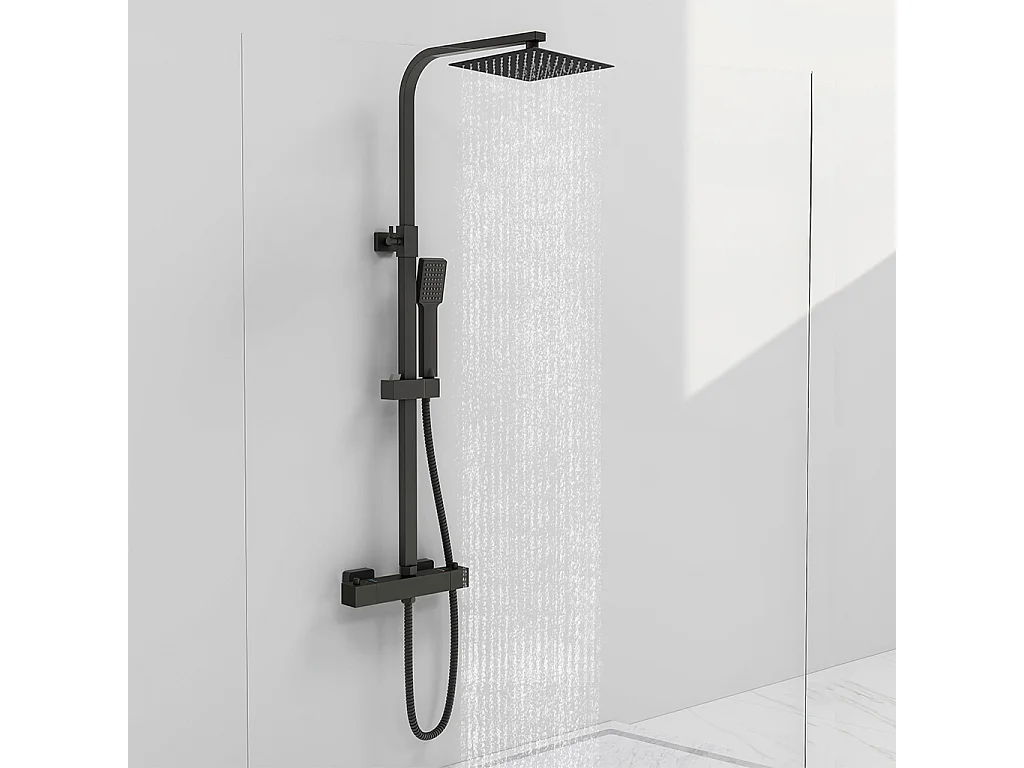 Colonna doccia idromassaggio con rubinetto termostatico, soffione doccia quadrato 20x20cm in acciaio inox, nero opaco