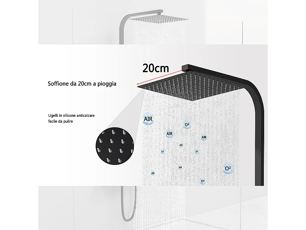 Colonna doccia idromassaggio con rubinetto termostatico, soffione doccia quadrato 20x20cm in acciaio inox, nero opaco