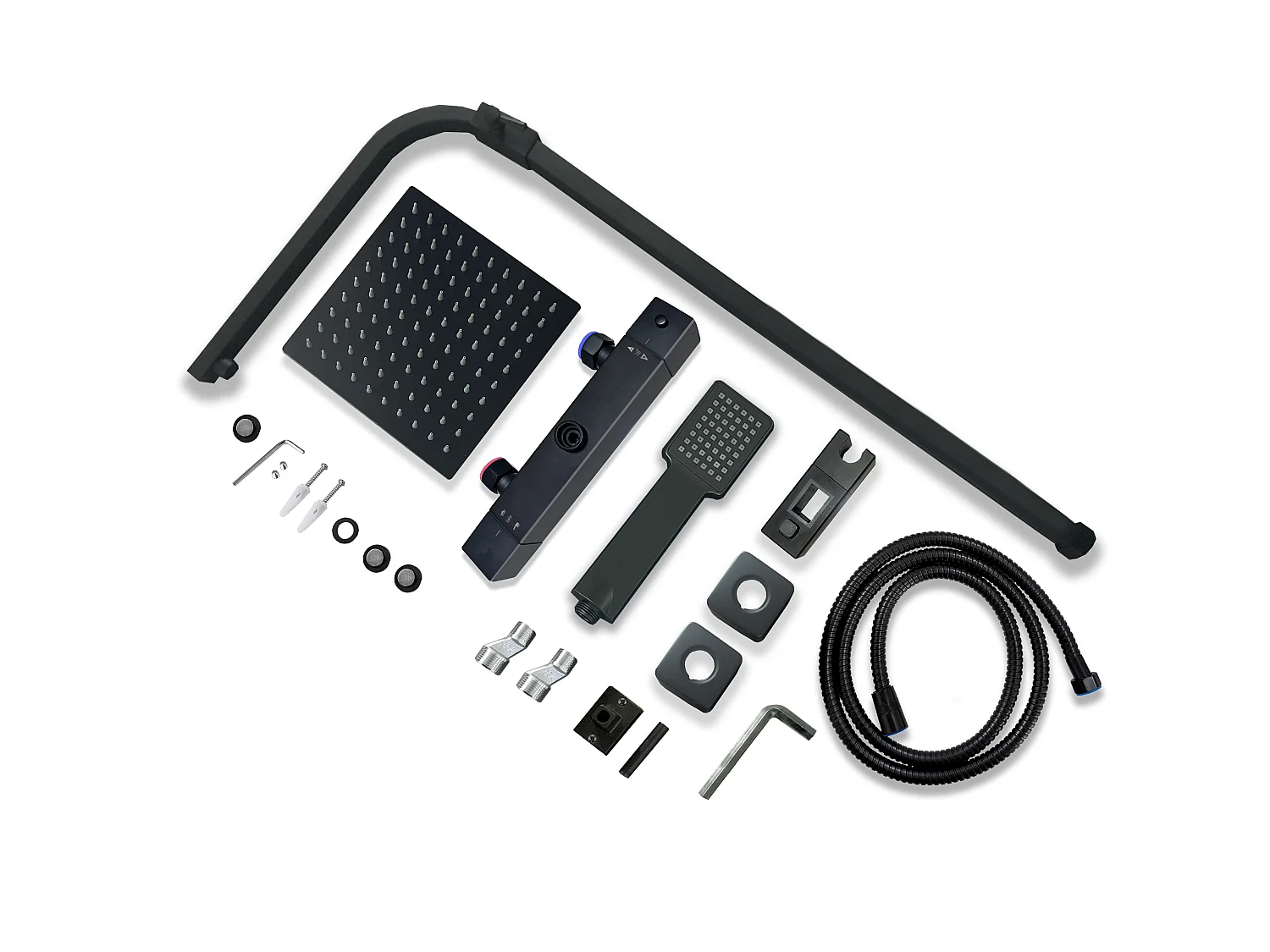 Colonna doccia idromassaggio con rubinetto termostatico, soffione doccia quadrato 20x20cm in acciaio inox, nero opaco