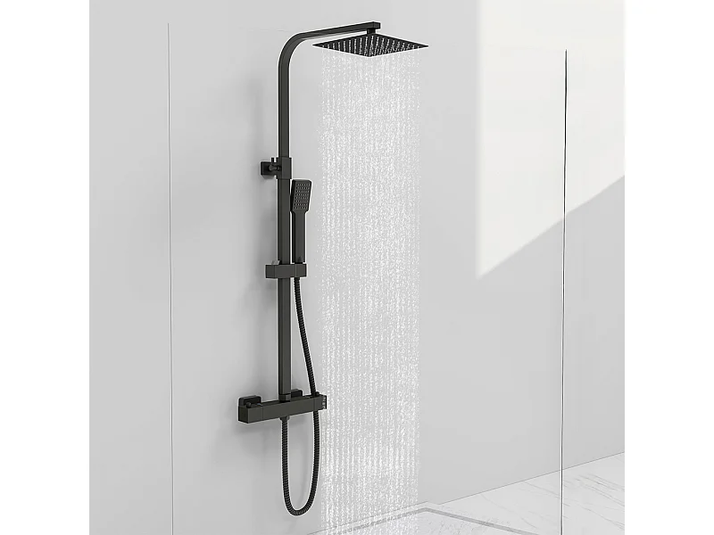 Colonna doccia idromassaggio con rubinetto termostatico, soffione doccia quadrato 20x20cm in acciaio inox, nero opaco