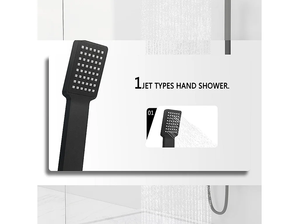 Colonna doccia idromassaggio con miscelatore termostatico, soffione doccia quadrato 20x20cm in acciaio inox, nero opaco
