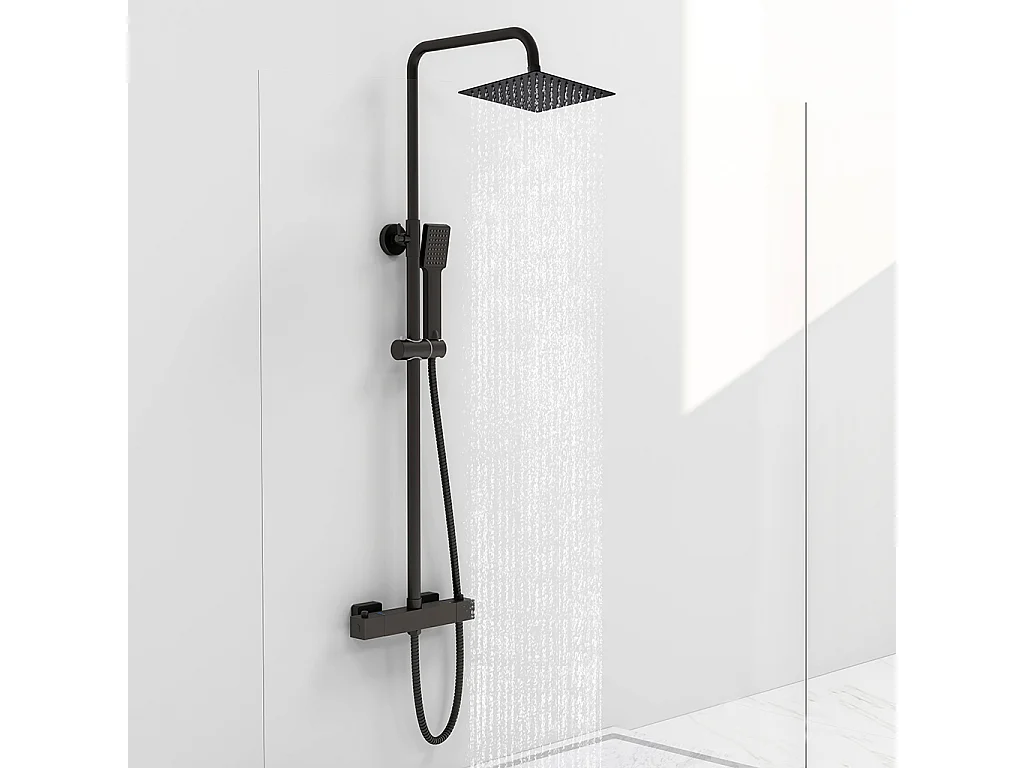 Colonna doccia idromassaggio con miscelatore termostatico, soffione doccia quadrato 20x20cm in acciaio inox, nero opaco