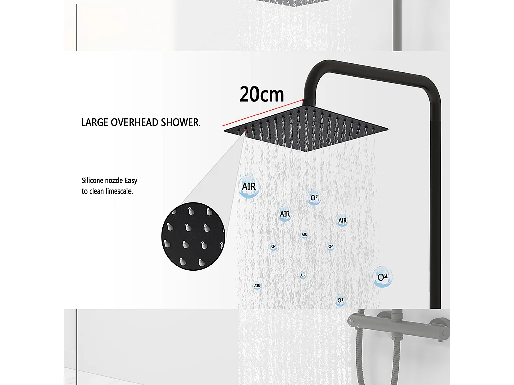 Colonna doccia idromassaggio con miscelatore termostatico, soffione doccia quadrato 20x20cm in acciaio inox, nero opaco