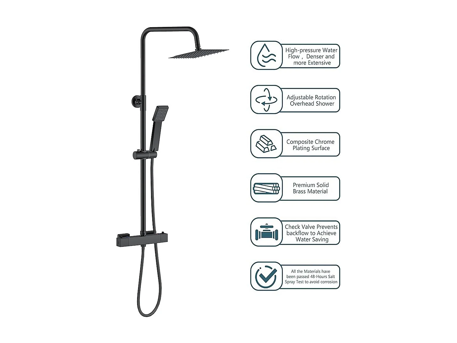 Colonna doccia idromassaggio con miscelatore termostatico, soffione doccia quadrato 20x20cm in acciaio inox, nero opaco