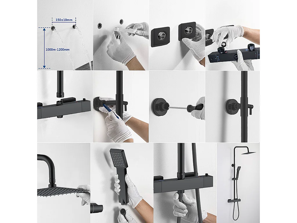 Colonna doccia idromassaggio con miscelatore termostatico, soffione doccia quadrato 20x20cm in acciaio inox, nero opaco