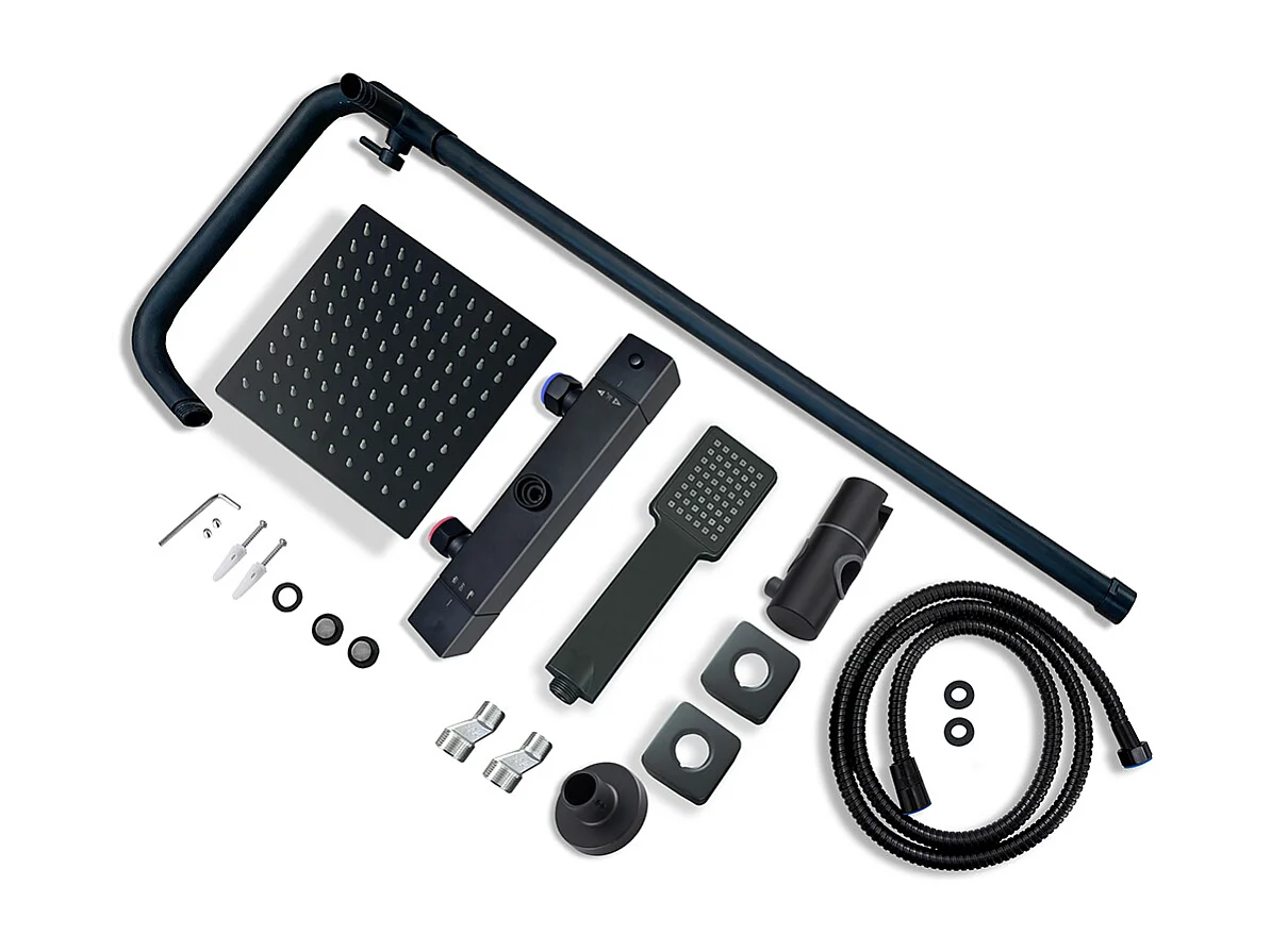 Colonna doccia idromassaggio con miscelatore termostatico, soffione doccia quadrato 20x20cm in acciaio inox, nero opaco