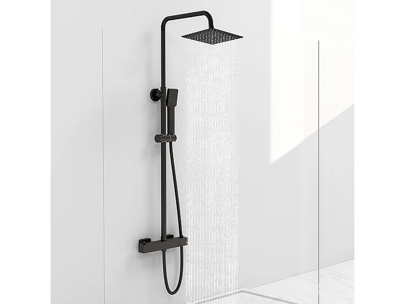 Colonna doccia idromassaggio con miscelatore termostatico, soffione doccia quadrato 20x20cm in acciaio inox, nero opaco