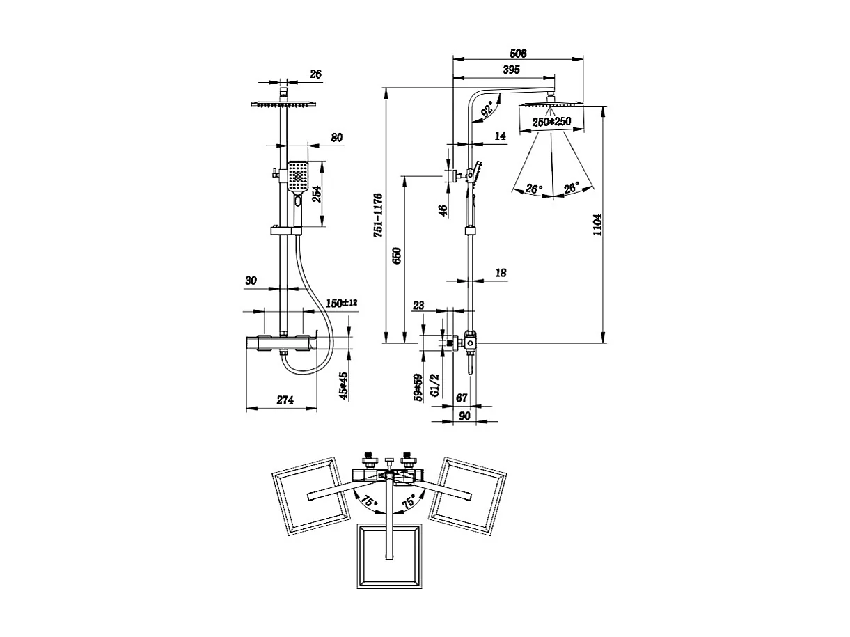 Colonna doccia idromassaggio con rubinetto manuale, soffione doccia quadrato 25x25cm in acciaio inox, cromato lucido