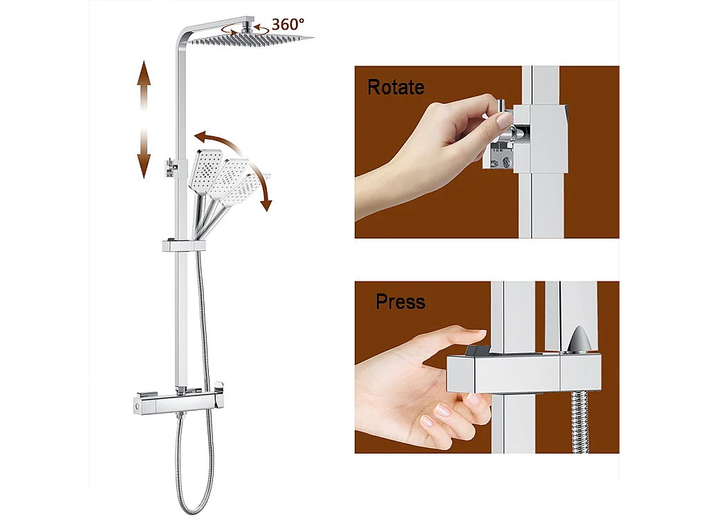 Colonna doccia idromassaggio con rubinetto manuale, soffione doccia quadrato 25x25cm in acciaio inox, cromato lucido