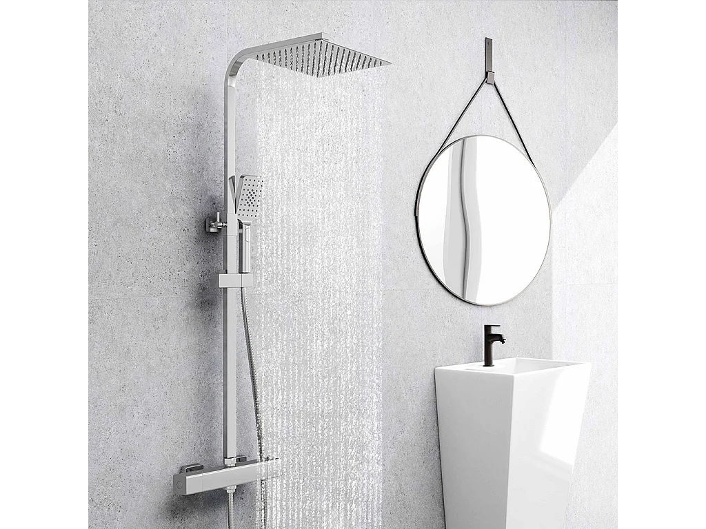 Colonna doccia idromassaggio con rubinetto termostatico 290x45mm, soffione doccia quadrato 25x25cm in acciaio inox, cromato lucido