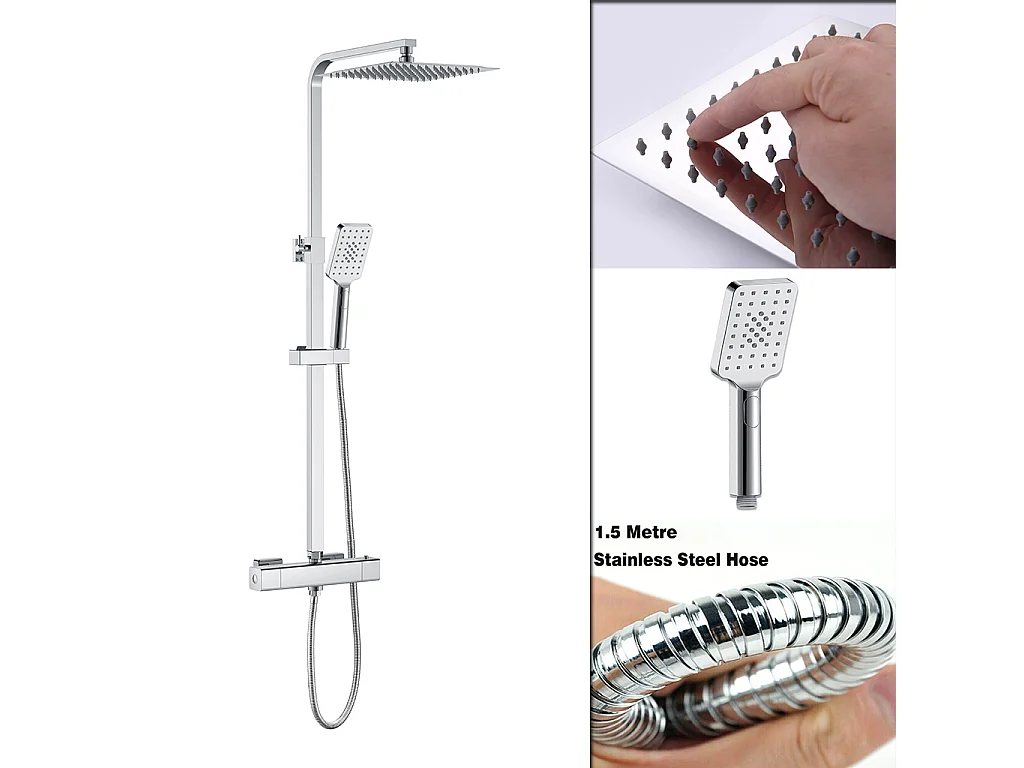 Colonna doccia idromassaggio con rubinetto termostatico 290x45mm, soffione doccia quadrato 25x25cm in acciaio inox, cromato lucido