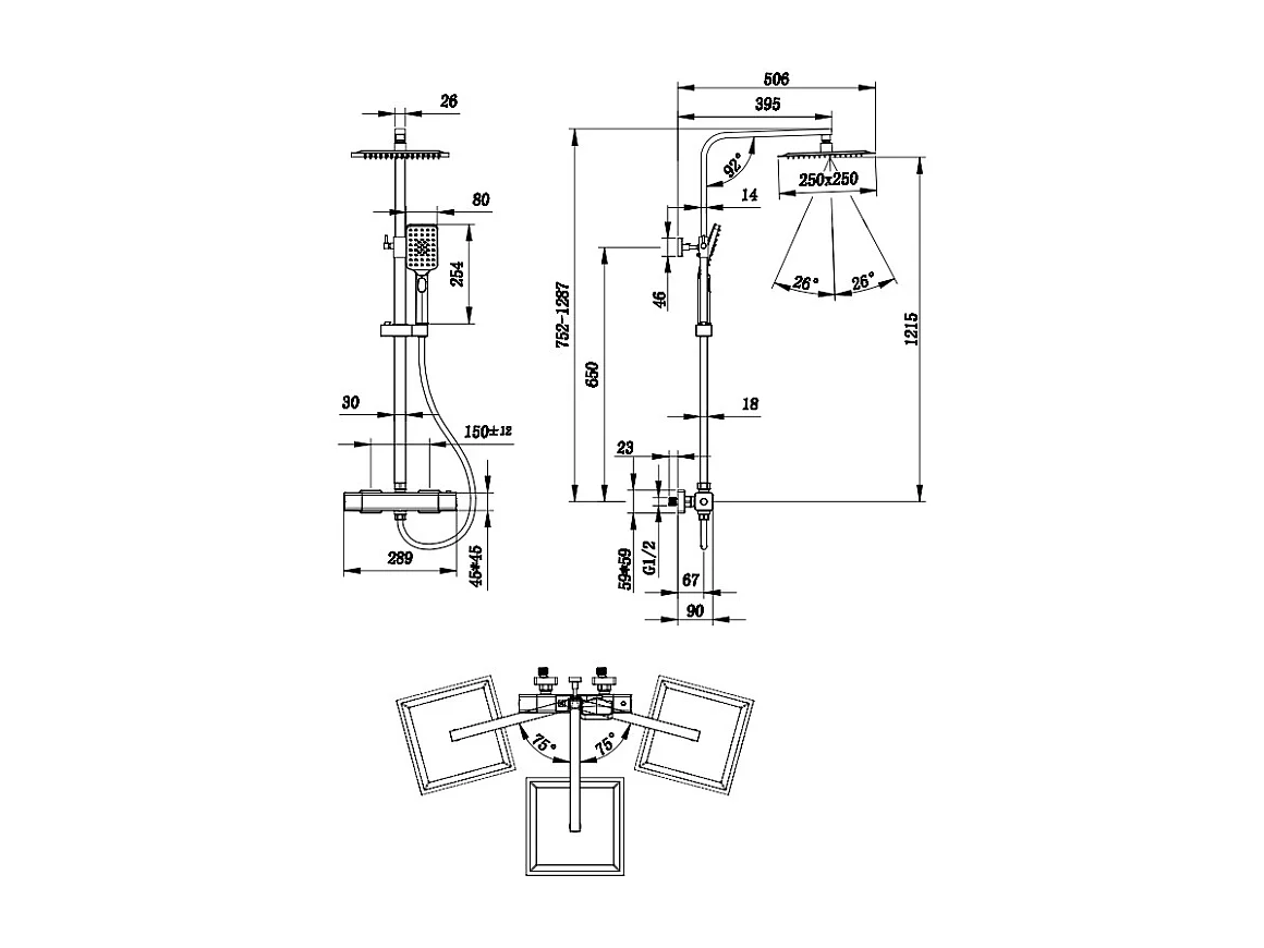 Colonna doccia idromassaggio con rubinetto termostatico 290x45mm, soffione doccia quadrato 25x25cm in acciaio inox, cromato lucido