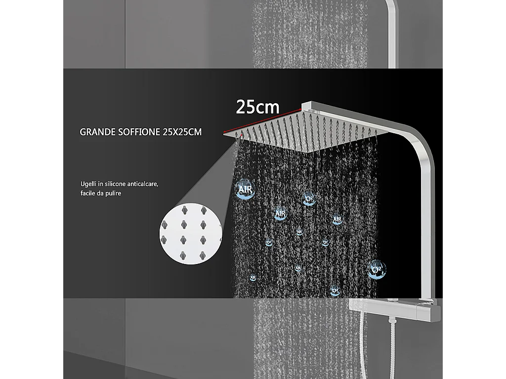 Colonna doccia idromassaggio con rubinetto termostatico 290x45mm, soffione doccia quadrato 25x25cm in acciaio inox, cromato lucido