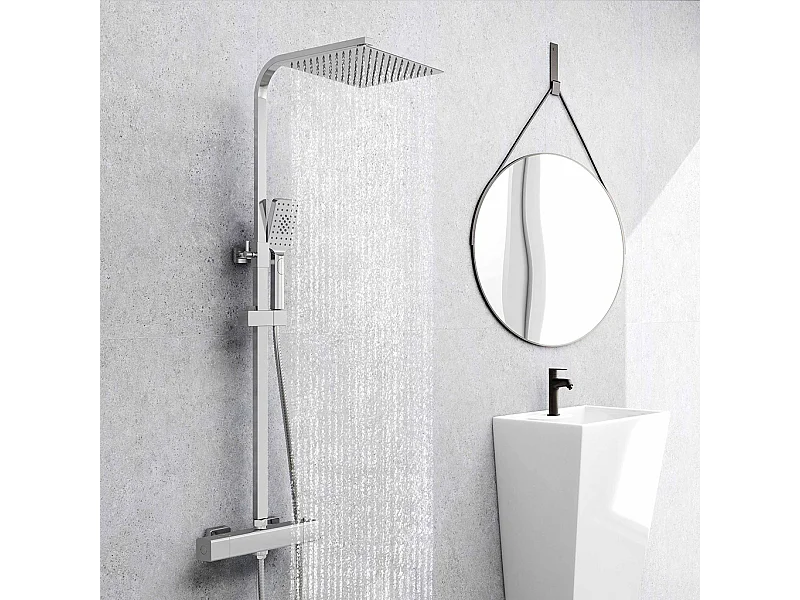 Colonna doccia idromassaggio con rubinetto termostatico 290x45mm, soffione doccia quadrato 25x25cm in acciaio inox, cromato lucido