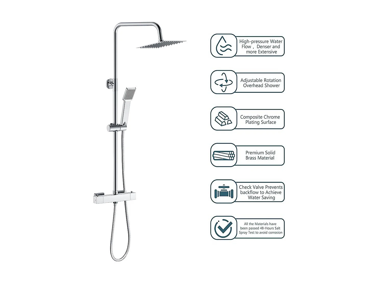 Colonna doccia idromassaggio con miscelatore termostatico, soffione doccia quadrato 20x20cm in acciaio inox, cromato lucido