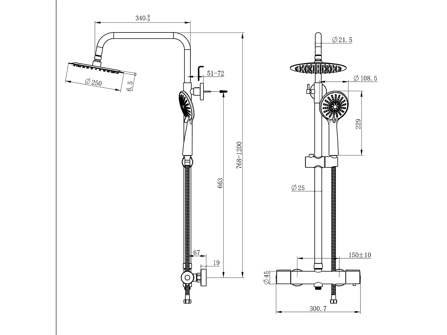 Colonna doccia idromassaggio con miscelatore termostatico, soffione doccia quadrato 20x20cm in acciaio inox, cromato lucido