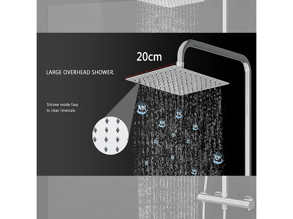 Colonna doccia idromassaggio con miscelatore termostatico, soffione doccia quadrato 20x20cm in acciaio inox, cromato lucido