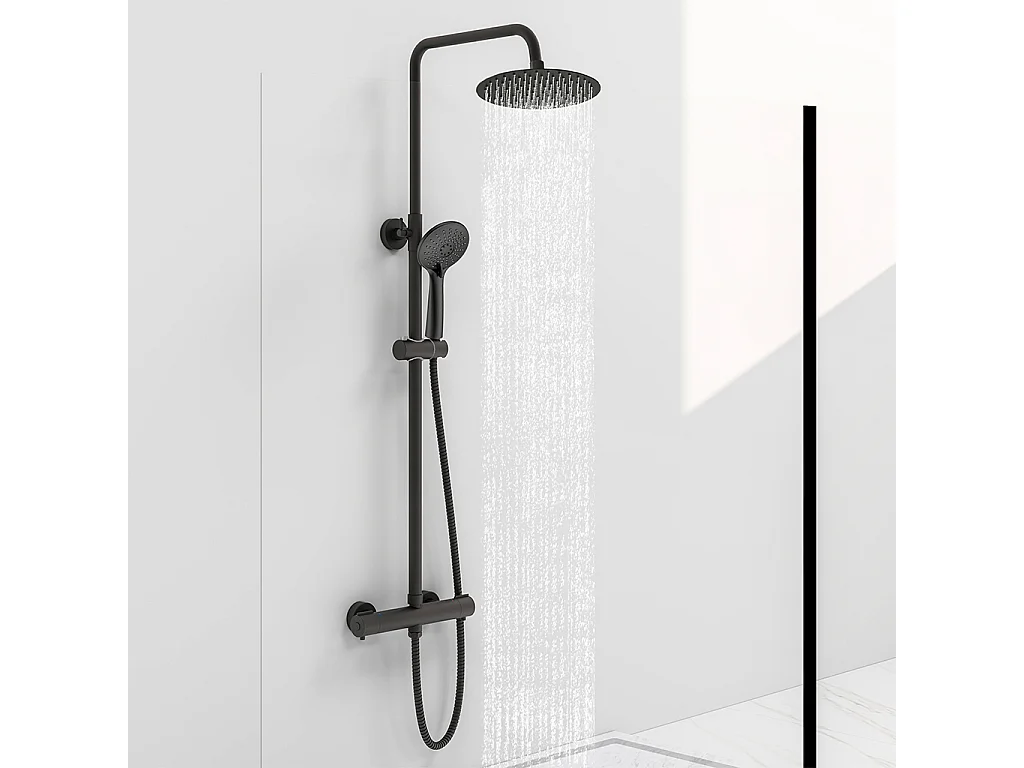 Colonna doccia idromassaggio con rubinetto termostatico, soffione doccia rotondo 20x20cm in acciaio inox, nero opaco