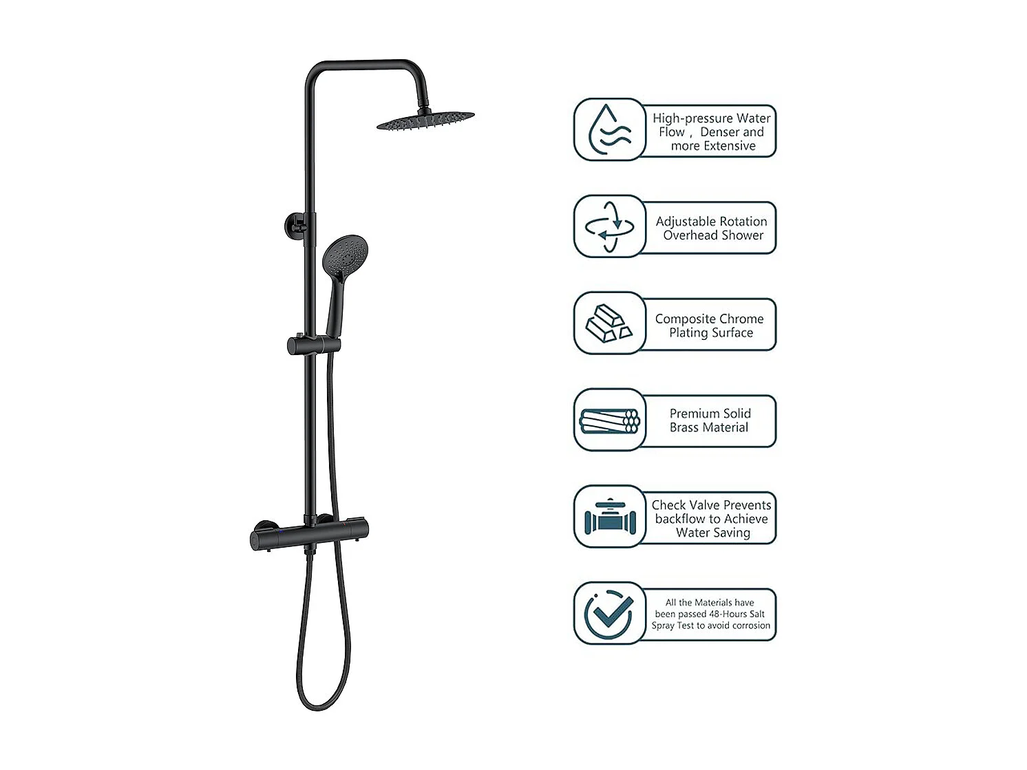 Colonna doccia idromassaggio con rubinetto termostatico, soffione doccia rotondo 20x20cm in acciaio inox, nero opaco